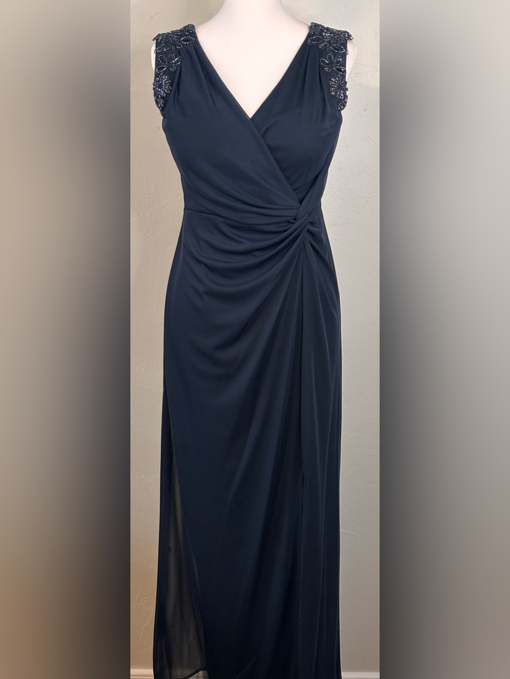 Alex Evenings Navy Beaded Shoulder Wrap-Style Maxi Dress